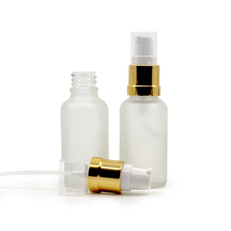 Flacone in vetro satinato trasparente, dosatore bianco oro lucido, 30 ml