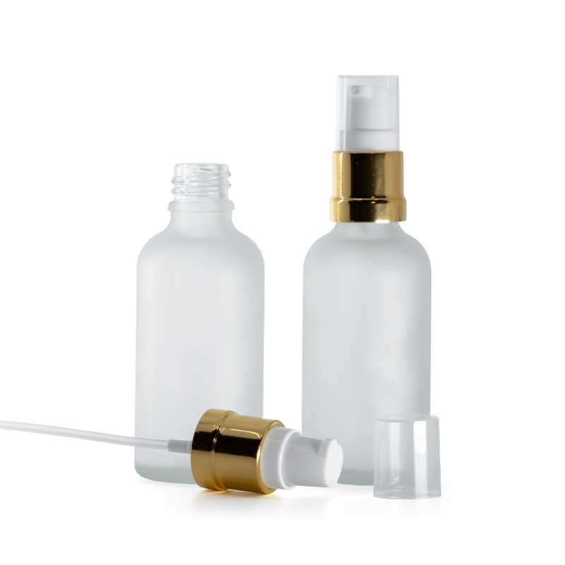 Flacone in vetro satinato trasparente, dosatore bianco dorato lucido, 50 ml