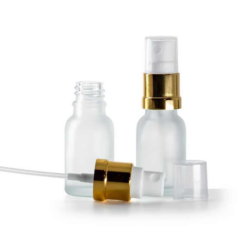 Bottiglia in vetro, satinata, spruzzatore bianco e oro, 15 ml