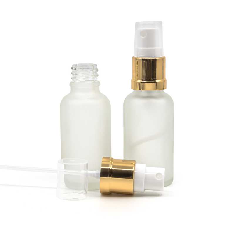 Flacone in vetro, trasparente satinato, spruzzatore bianco e oro, 30 ml