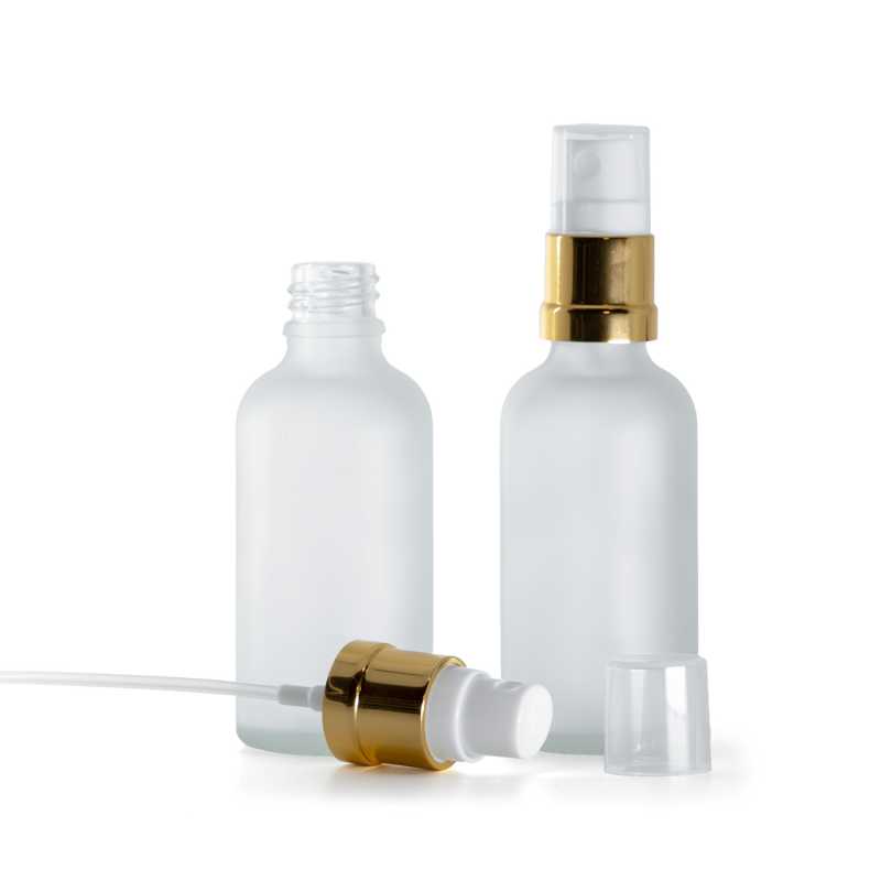 Bottiglia in vetro satinato trasparente, spruzzatore bianco oro lucido, 50 ml