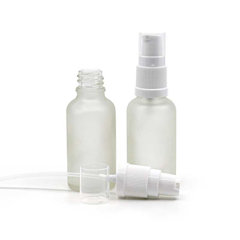 Bottiglia in vetro, satinata trasparente, dosatore bianco, 30 ml
