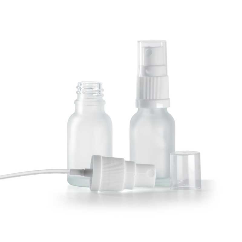 Bottiglia in vetro satinato trasparente, spruzzatore bianco, 15 ml