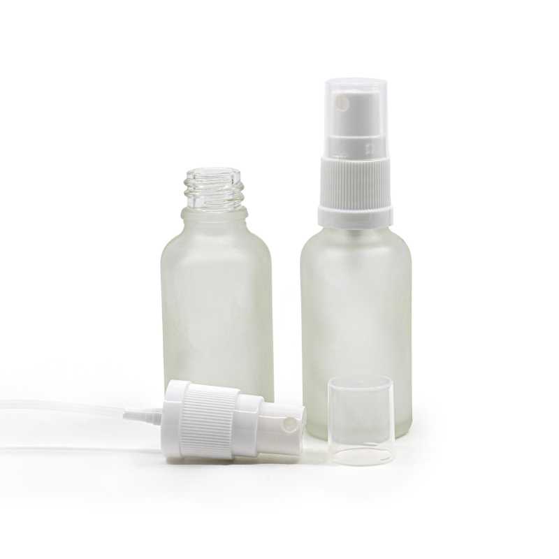 Flacone in vetro satinato trasparente, spruzzatore bianco, 30 ml