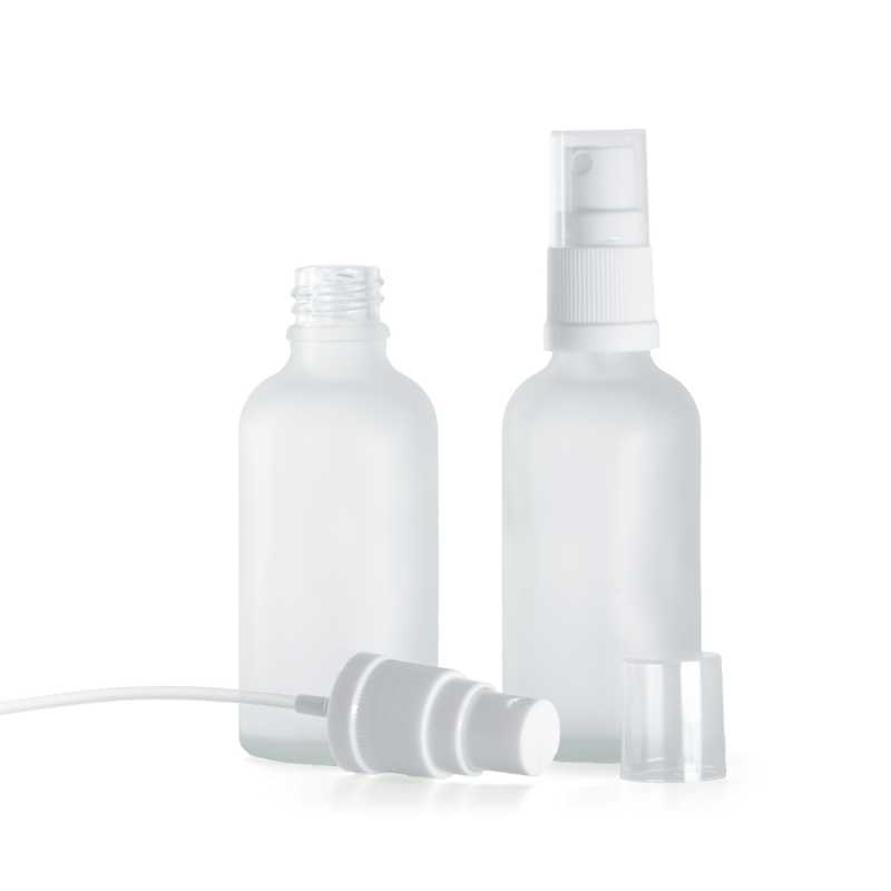 Bottiglia in vetro, trasparente satinata, spruzzatore bianco, 50 ml