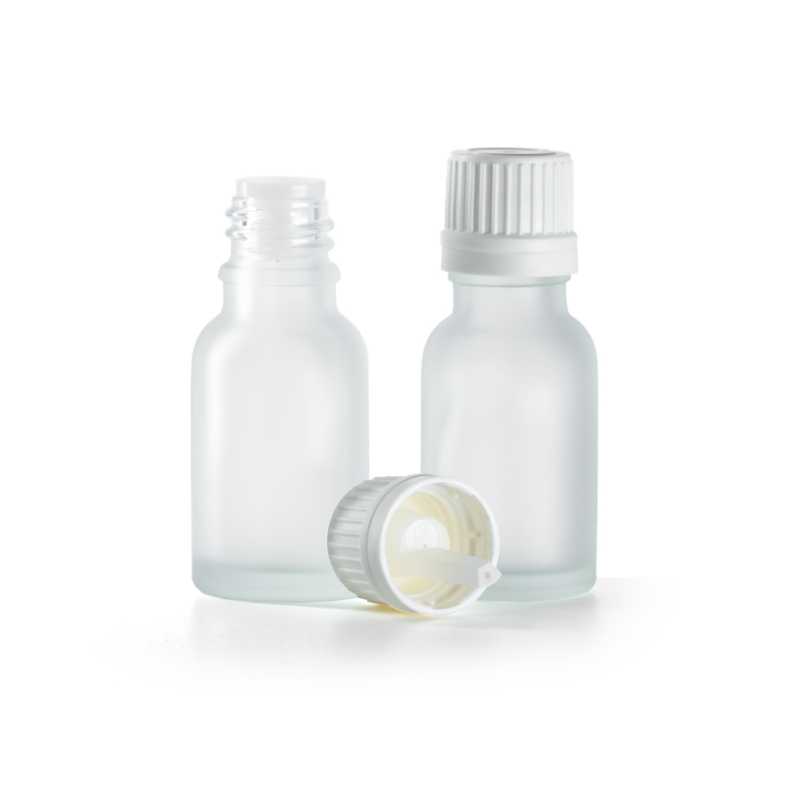 Flaconcino di vetro trasparente satinato, tappo bianco con contagocce interno, 15 ml
