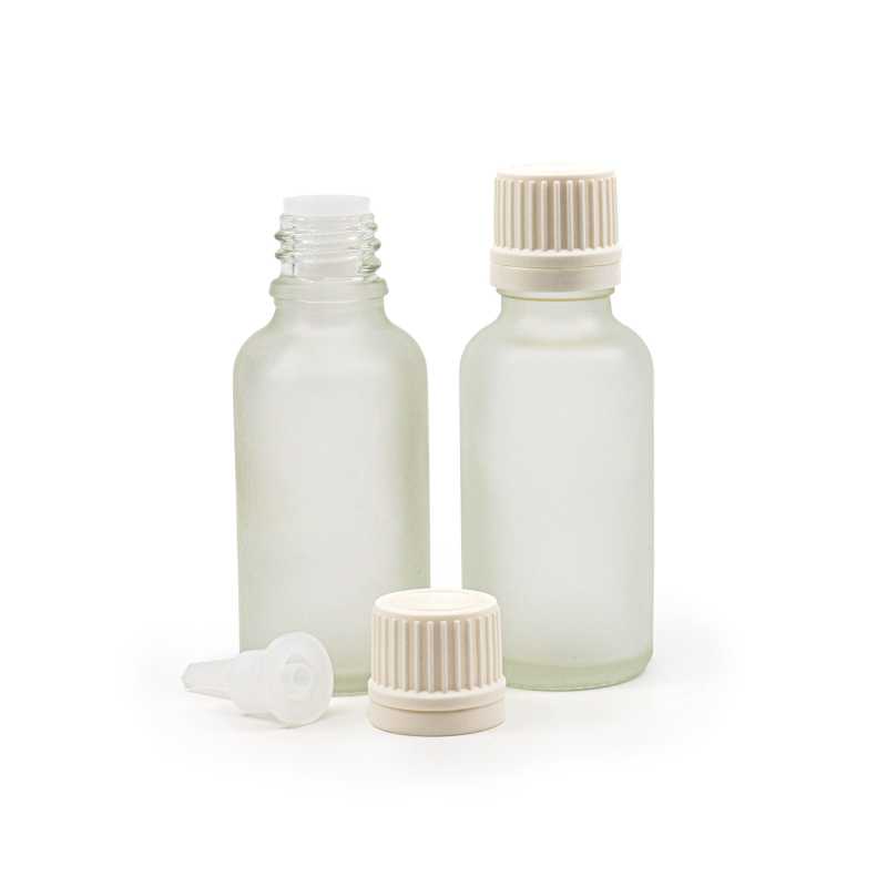 Flacone in vetro satinato trasparente, tappo contagocce bianco, 30 ml