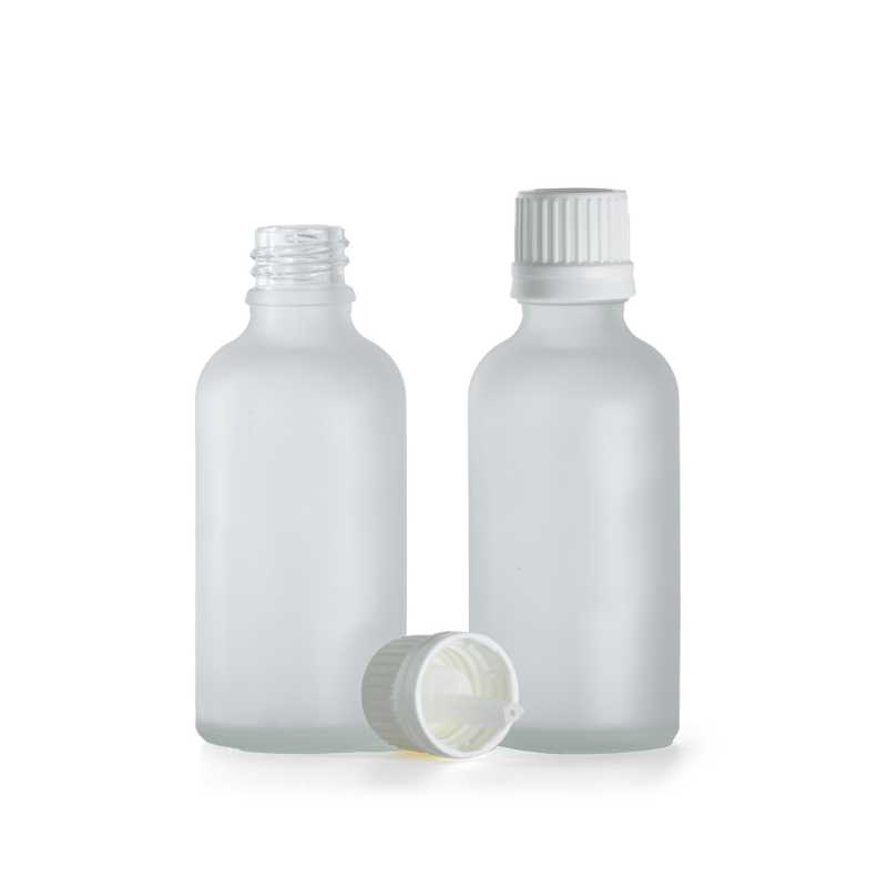 Flacone di vetro trasparente satinato, tappo bianco con contagocce, 50 ml