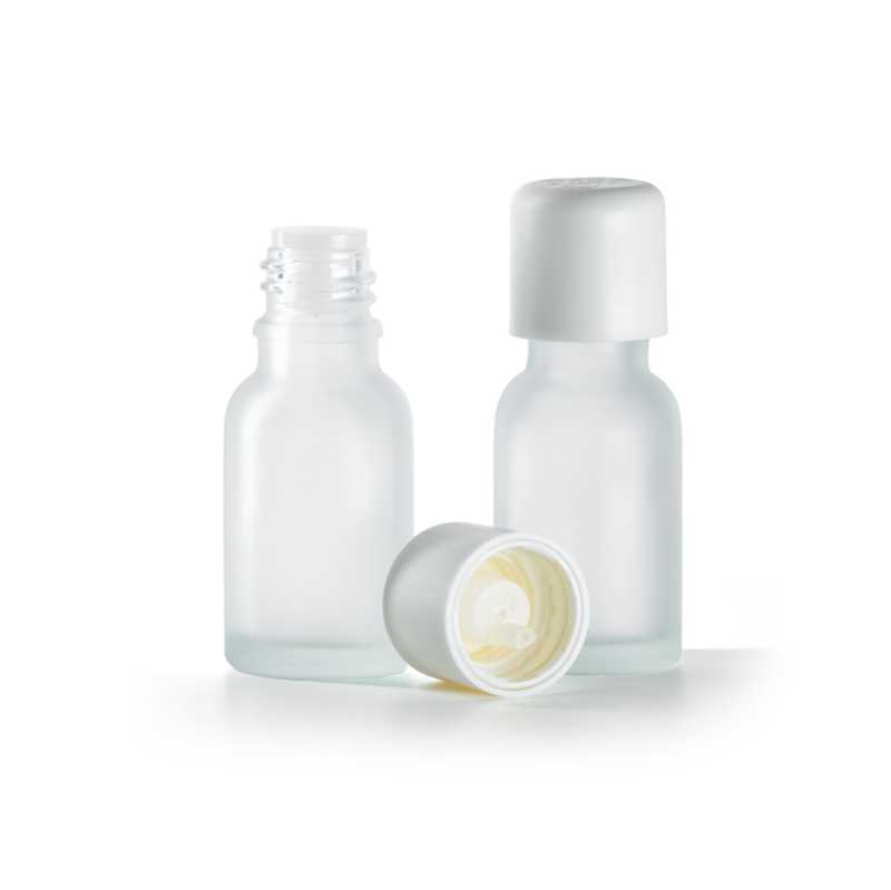 Flacone in vetro satinato trasparente, tappo di sicurezza bianco con contagocce, 15 ml