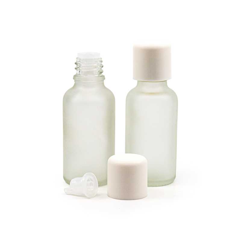 Bottiglia in vetro satinato trasparente, tappo di sicurezza bianco con contagocce, 30 ml
