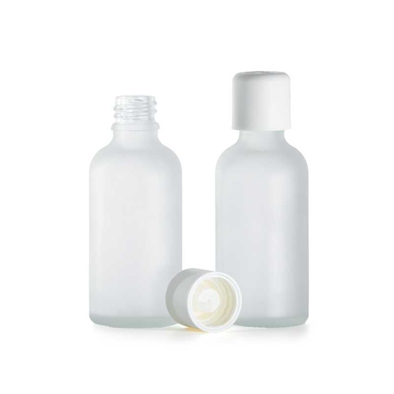 Bottiglia in vetro satinato trasparente, tappo di sicurezza bianco con contagocce, 50 ml