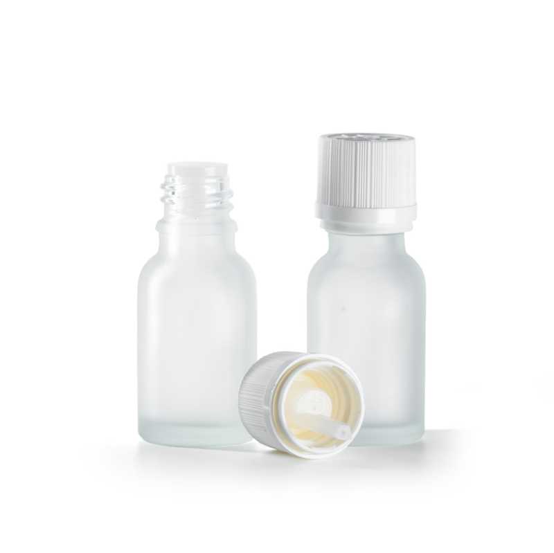 Flacone in vetro satinato trasparente, tappo di sicurezza antimanomissione bianco con contagocce, 15 ml