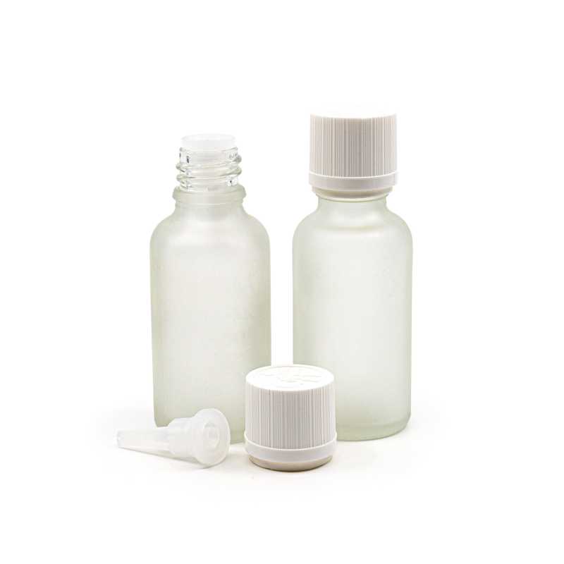 Bottiglia in vetro, trasparente satinata, tappo di sicurezza bianco con contagocce, 30 ml
