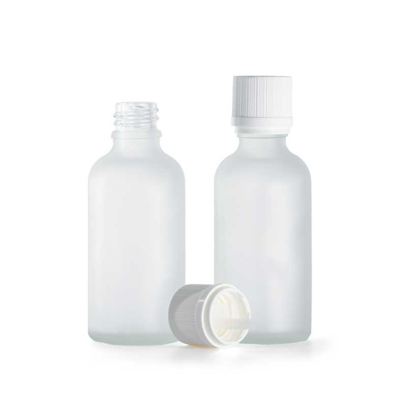 Flacone in vetro satinato trasparente, tappo di sicurezza antimanomissione bianco con contagocce, 50 ml