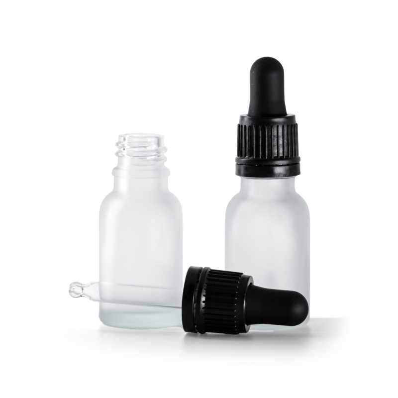 Flacone in vetro satinato trasparente, contagocce nero a prova di manomissione, 15 ml