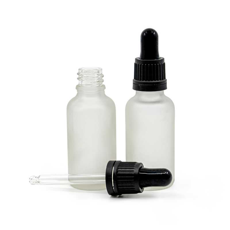 Flacone in vetro, trasparente satinato, contagocce nero a prova di manomissione, 30 ml