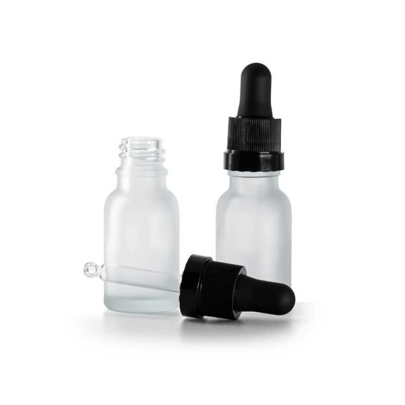 Bottiglia in vetro satinato trasparente, contagocce nero opaco con fascia lucida, 15 ml
