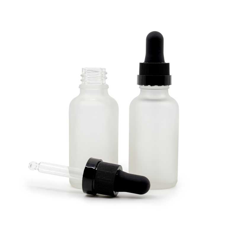 Flacone in vetro, satinato trasparente, contagocce nero opaco con anello lucido, 30 ml