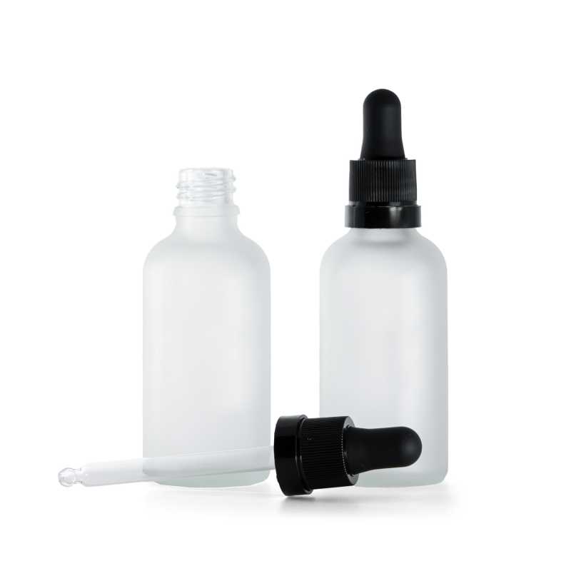 Flacone in vetro, satinato trasparente, contagocce nero opaco con striscia lucida, 50 ml