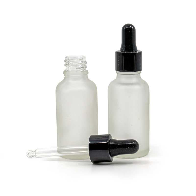 Flacone in vetro, trasparente satinato, contagocce nero lucido, 30 ml