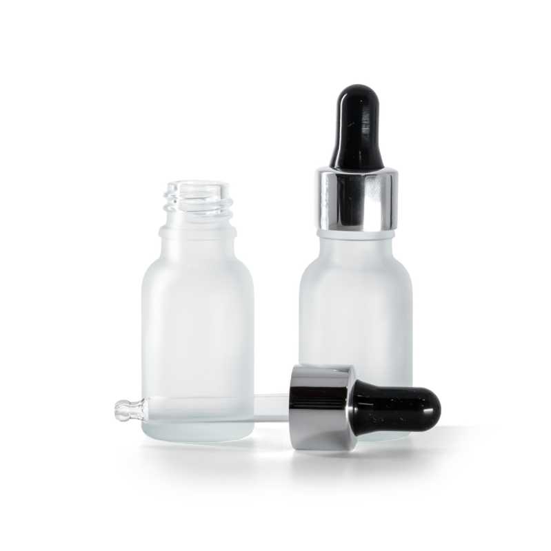Flacone in vetro satinato trasparente, contagocce nero argento, 15 ml
