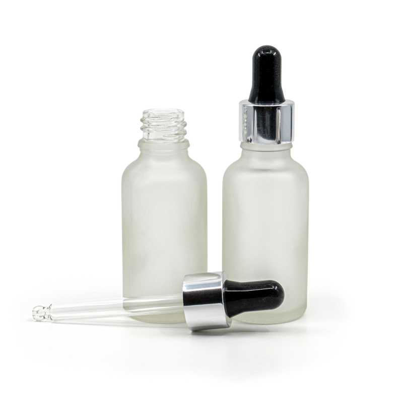 Flacone in vetro, satinato trasparente, contagocce nero argento, 30 ml