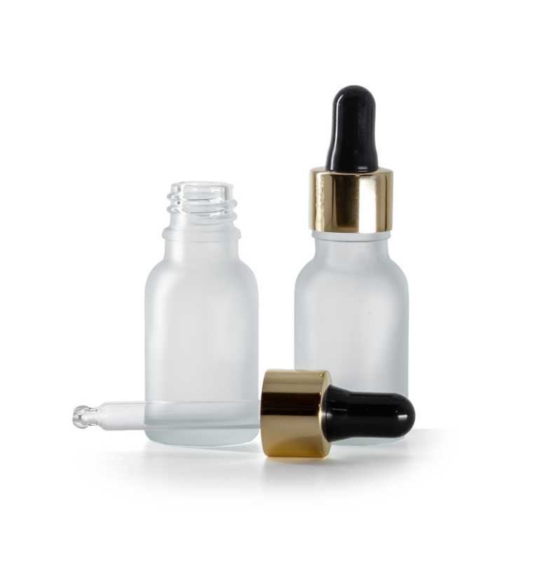 Flacone in vetro satinato trasparente, contagocce nero e oro, 15 ml