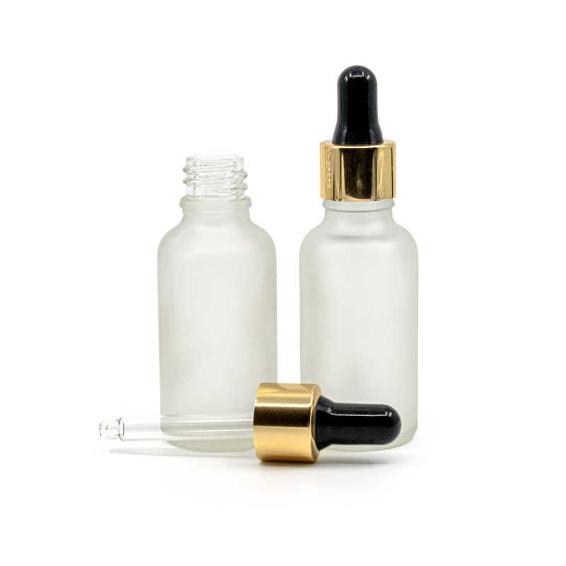 Bottiglia in vetro, trasparente opaca, contagocce nero e oro, 30 ml