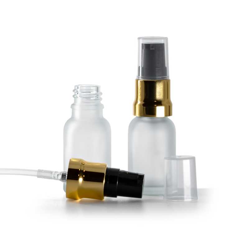 Flacone in vetro satinato trasparente, dosatore nero e oro lucido con cappuccio trasparente, 15 ml