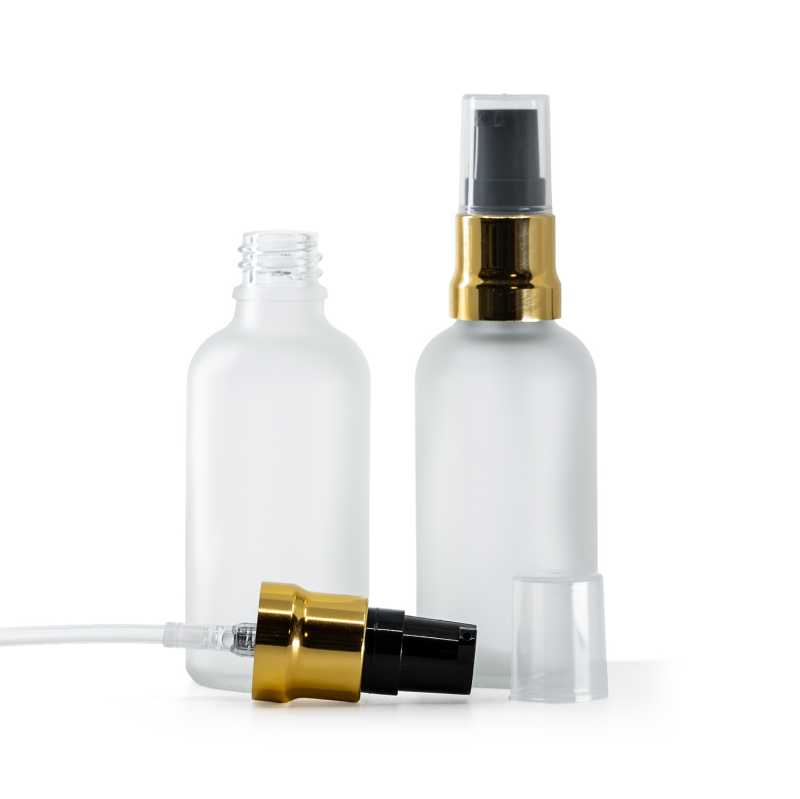 Flacone in vetro satinato trasparente, dispenser nero e oro lucido, cappuccio trasparente, 50 ml