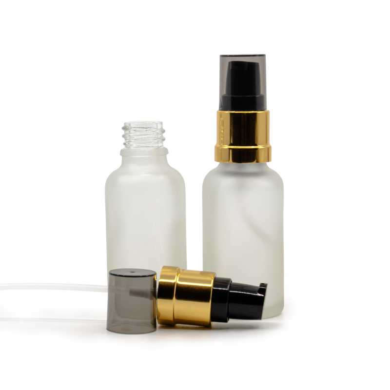 Flaconcino di vetro trasparente satinato, dosatore nero e oro lucido con sopra-tappo fumé, 30 ml
