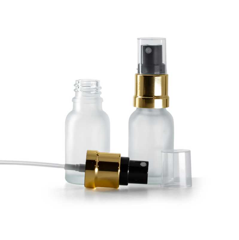 Flacone in vetro satinato trasparente, spruzzatore nero oro lucido, 15 ml