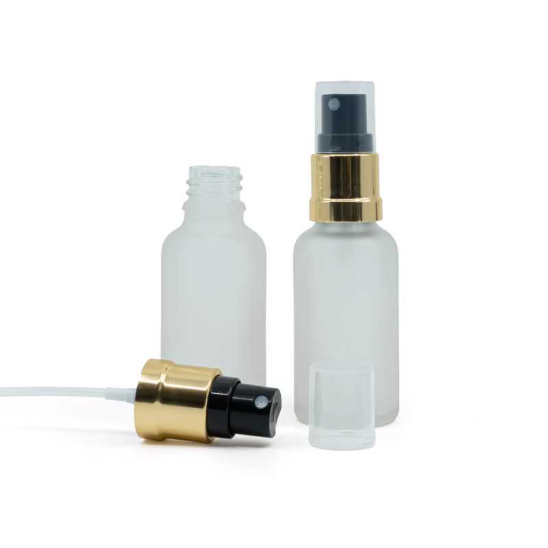 Flacone in vetro satinato trasparente, spruzzatore nero e oro lucido, 30 ml