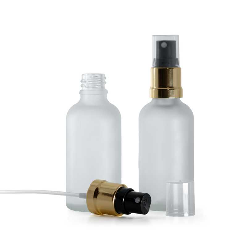 Flacone in vetro satinato trasparente, spruzzatore nero oro lucido, 50 ml