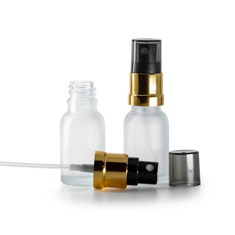 Flaconcino di vetro trasparente satinato, spruzzatore nero e oro, sopra-tappo fumé, 15 ml