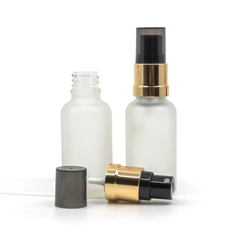 Flacone di vetro trasparente satinato, spruzzatore nero e oro, sopra-tappo fumé, 30 ml