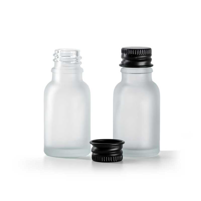 Flacone in vetro satinato trasparente, tappo in alluminio nero, 15 ml