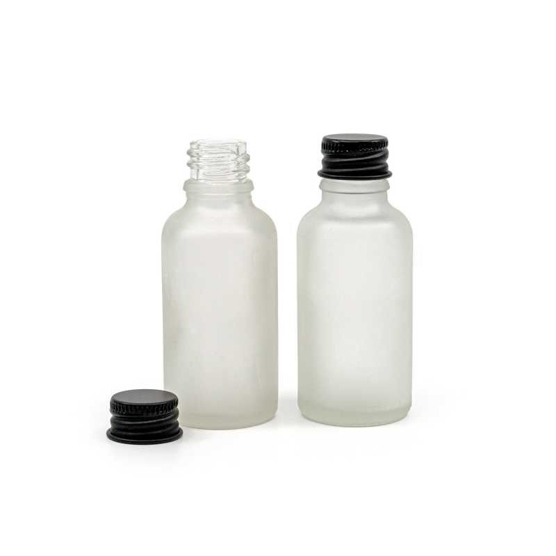 Bottiglia in vetro satinato trasparente, tappo in alluminio nero, 30 ml