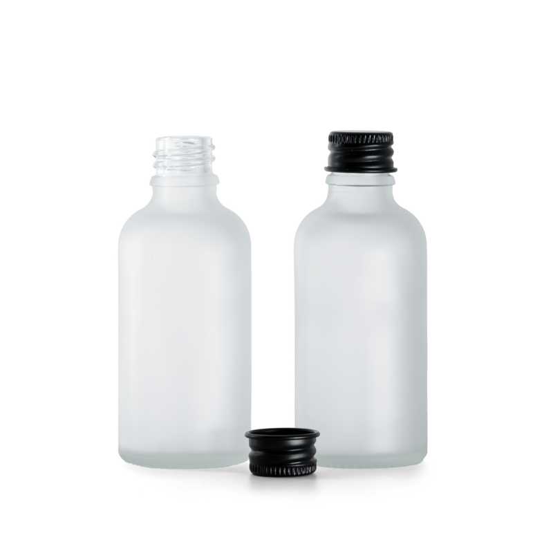 Bottiglia in vetro satinato trasparente, tappo in alluminio nero, 50 ml