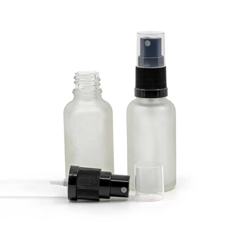 Flacone in vetro, trasparente satinato, spruzzatore nero, 30 ml