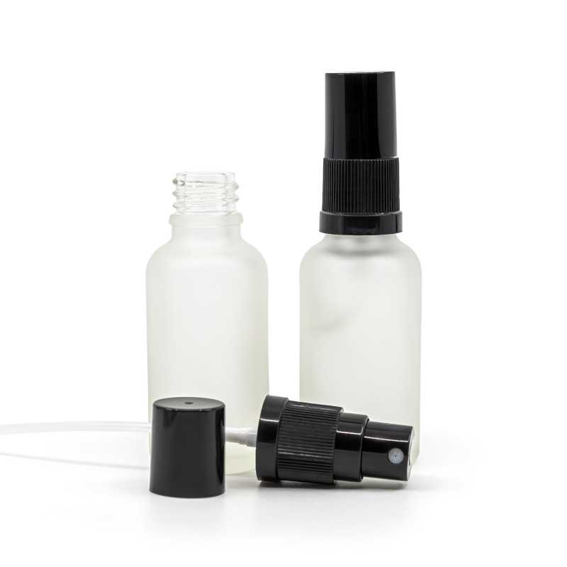 Bottiglia in vetro, trasparente satinata, spruzzatore nero, cappuccio nero, 30 ml