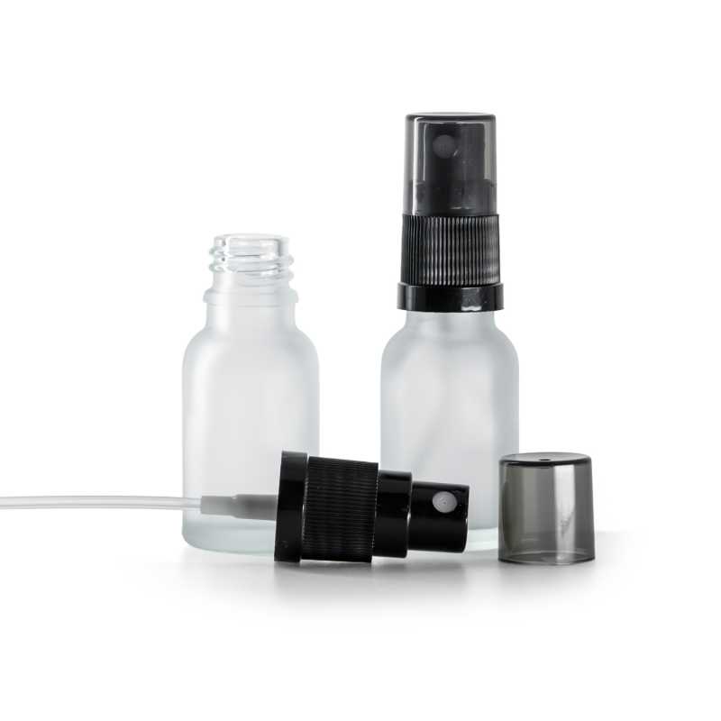 Flacone di vetro trasparente satinato, spruzzatore a nebulizzazione fine nero, sopra-tappo fumé, 15 ml