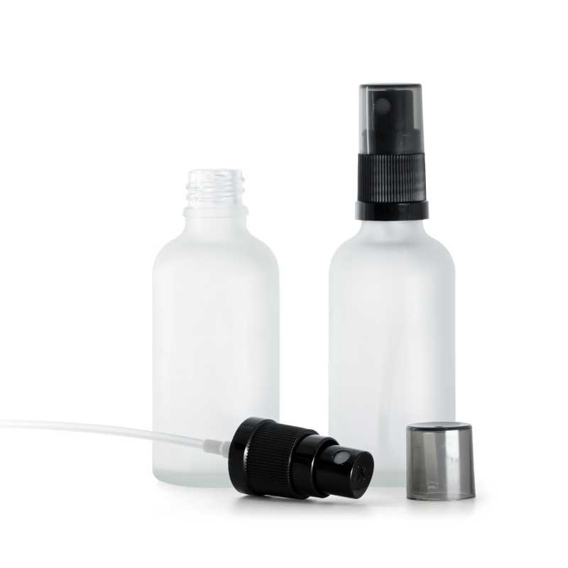 Flacone di vetro satinato trasparente con spruzzatore nero e sopra-tappo fumé, 50 ml