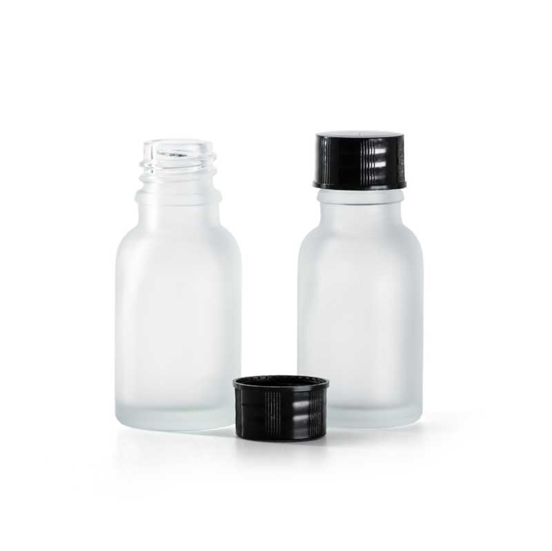 Bottiglia in vetro satinato trasparente, tappo nero, 15 ml