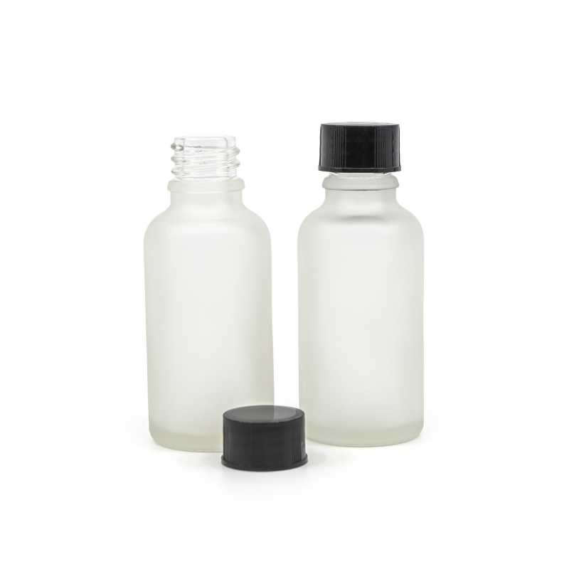 Bottiglia in vetro satinato trasparente, tappo nero, 30 ml