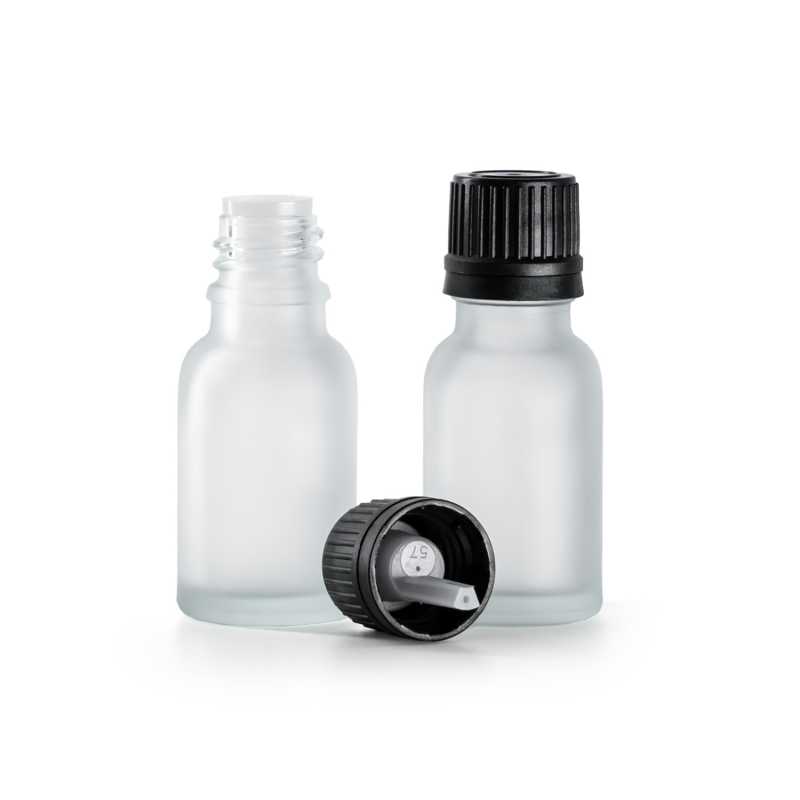 Flacone di vetro trasparente satinato, tappo nero con contagocce, 15 ml