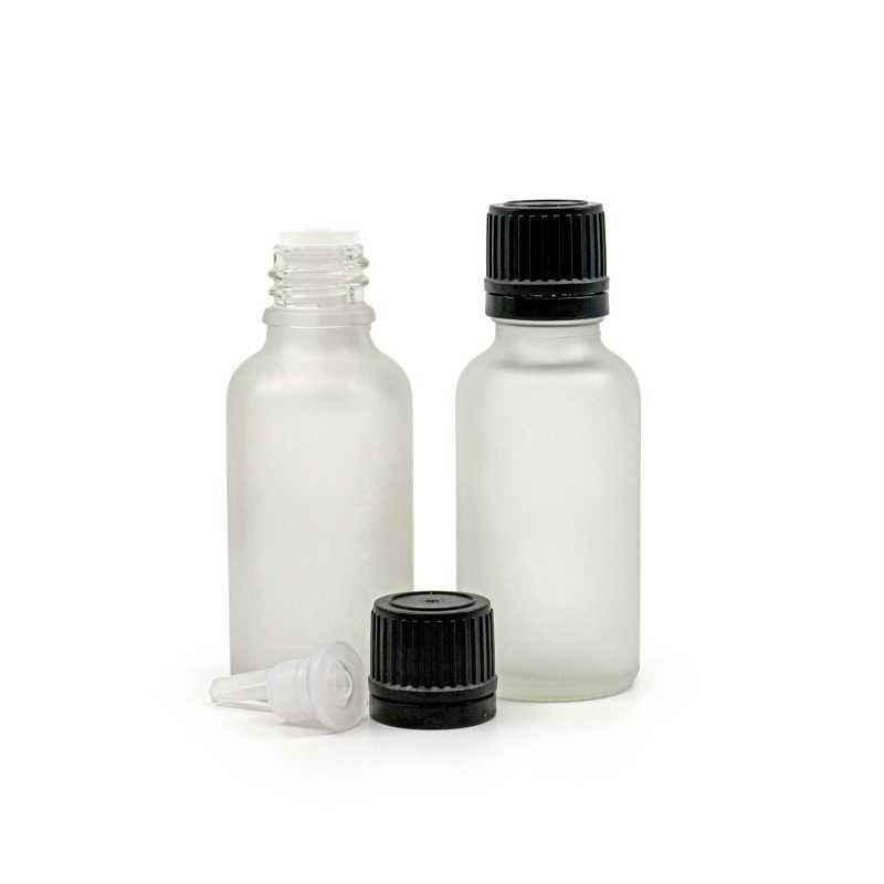 Flacone di vetro trasparente opaco, tappo nero con contagocce, 30 ml