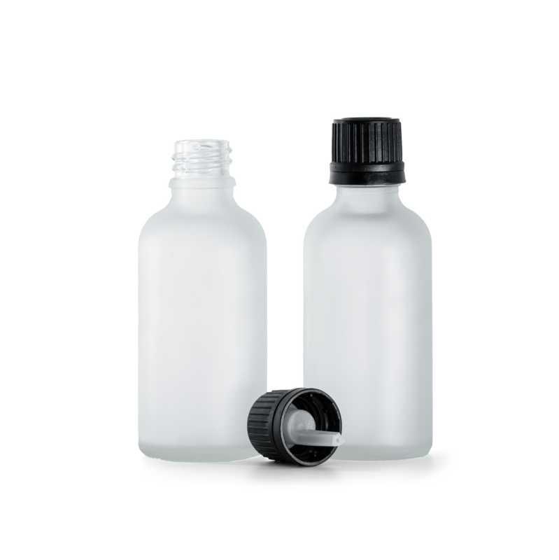 Flacone di vetro trasparente satinato, tappo nero con contagocce, 50 ml