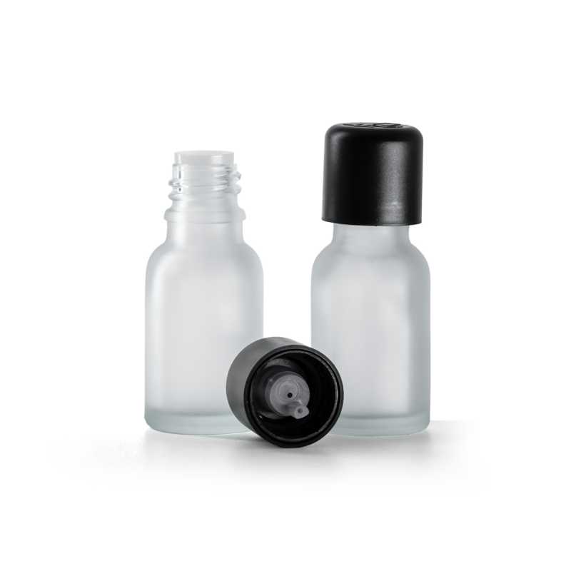 Bottiglia in vetro satinato, tappo di sicurezza nero con contagocce, 15 ml