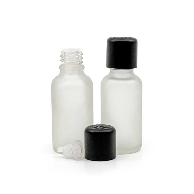 Flacone in vetro satinato trasparente, tappo di sicurezza antimanomissione nero con contagocce, 30 ml